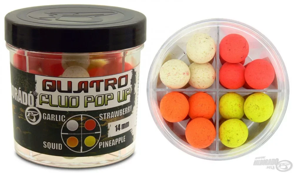 Vásárlói kedvenc Haldorádó Quatro Fluo Pop Up Boilies 14 mm / 4 íz egy dobozban