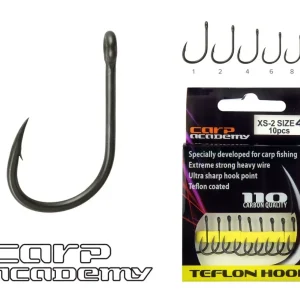 Akciós ár Carp Academy Teflon Hook XS-2 Fekete 6 10db/csomag Füles Szakállas Bojlis horog