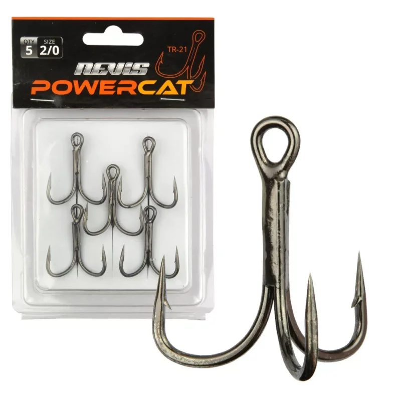 Végkiárusítás Nevis Powercat Treble Hook TR-21 Fekete 4/0 5db/csomag Füles Szakállas Ragadozó halas horog