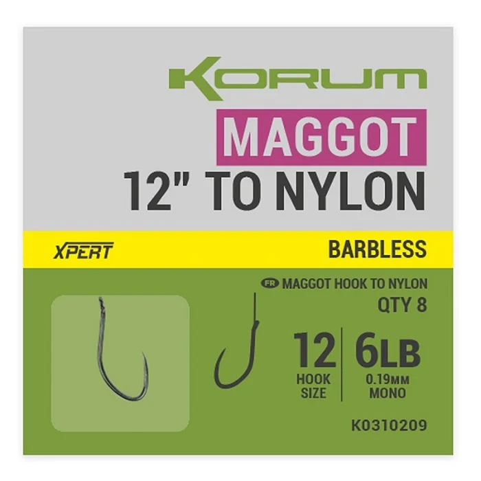 Biztonságos fizetés Korum Xpert Maggot Hooks To Nylon Barbless 30CM (K0310209-11)
